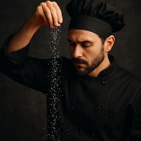 Portrait of a bearded male chef sprinkling sugar on a black background