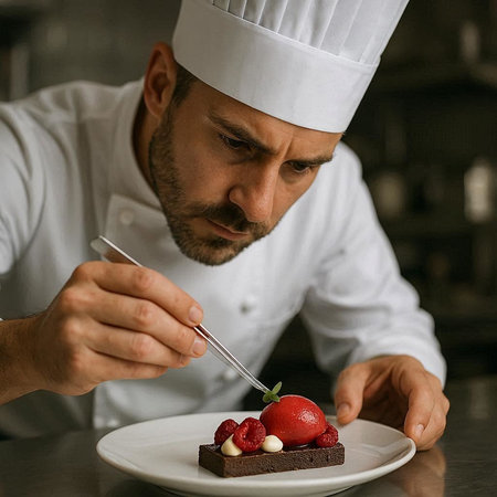 Male chef decorating a chocolate cake with strawberries and mint leaves.
