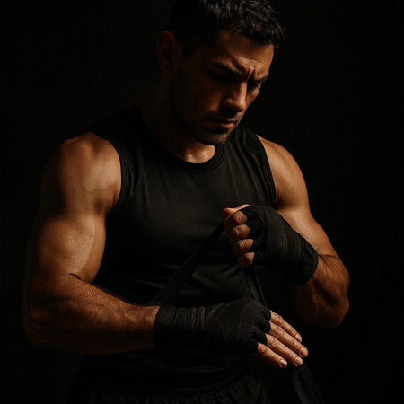 Handsome muscular boxer wearing black boxing gloves. Isolated on black background.