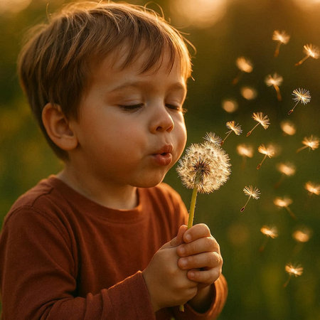 Cute little boy blowing dandelion seeds at sunset in summer