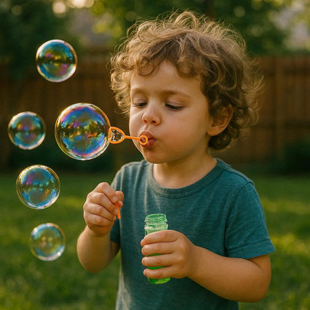 Little boy blowing soap bubbles in the garden. Child having fun outdoors.