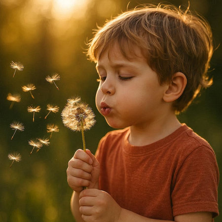 Cute little boy blowing dandelion seeds in the sunset light