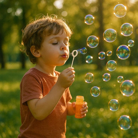 Cute little boy blowing soap bubbles in the park at sunset.
