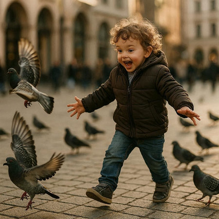 little boy playing with pigeons in the city. happy childhood.