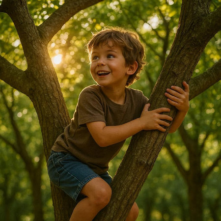 Cute little boy climbing on a tree in the forest at sunset