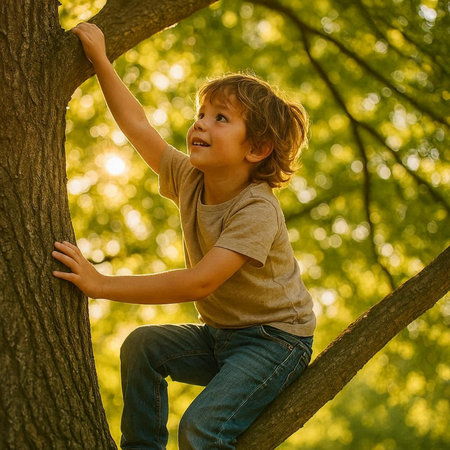 Happy little boy climbing a tree in the park on sunny summer day