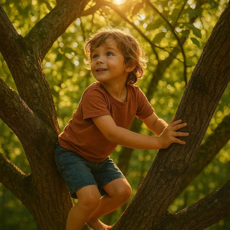 Cute little boy climbing on a tree in the summer park.の写真素材