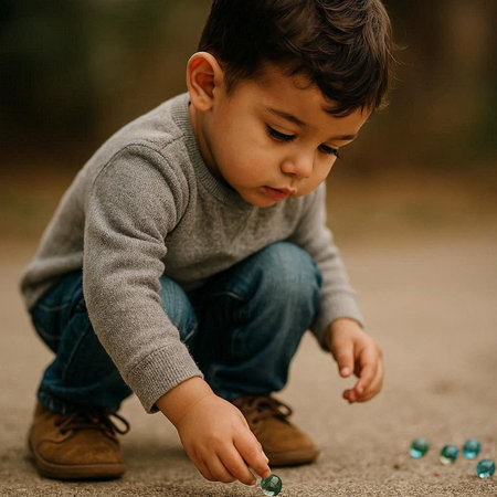 Little boy playing with beads in the park. Selective focus.