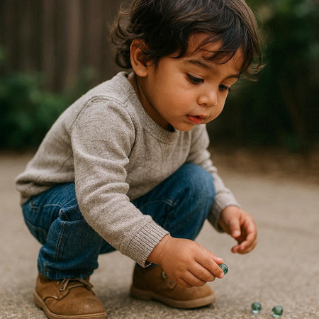 Cute little boy playing with beads in the park. Selective focus.