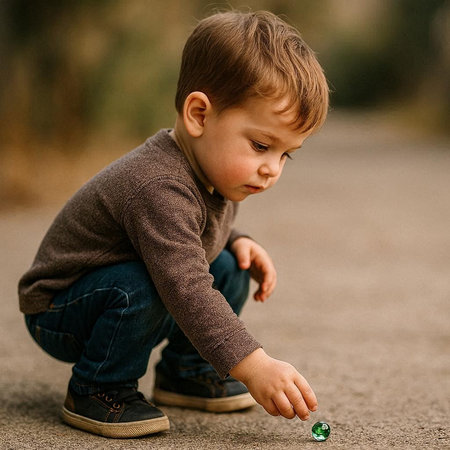 Cute little boy sitting on the ground and playing with a toyの写真素材