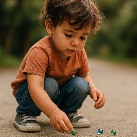 Little boy playing with green marbles on the ground in the parkの写真素材