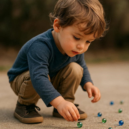 Cute little boy playing with marbles outdoors in the park.の写真素材