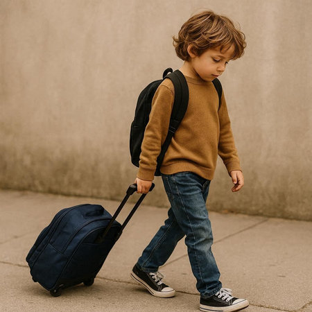 Little boy with a backpack and suitcase on the street. Travel conceptの写真素材