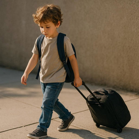 little boy with suitcase going to school, back to school concept.の写真素材