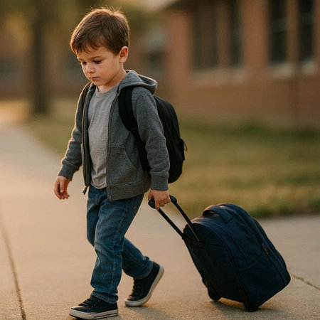 Little boy with backpack going to school. Back to school concept.の写真素材