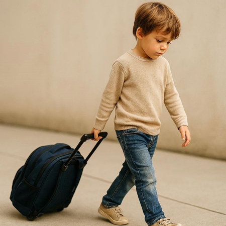 Cute little boy with suitcase going to the airport. Travel concept.の写真素材