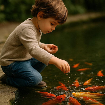 Cute little boy playing with goldfish in the pond. Concept of friendly family.