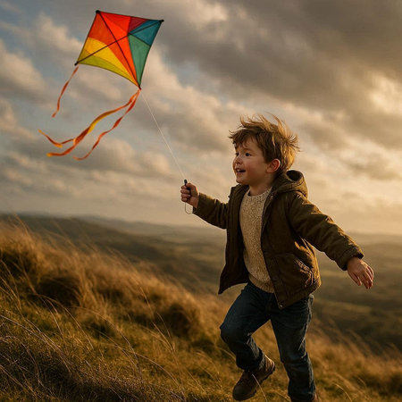 Cute little boy playing with a colorful kite on the hillの写真素材