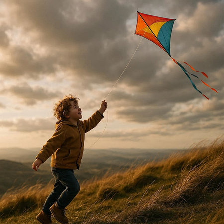 Cute little boy playing with a kite in the mountains at sunsetの写真素材