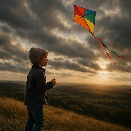 Cute little boy with kite in the meadow at sunset