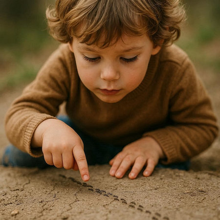 little boy draws with chalk on the ground in the park, close-upの写真素材