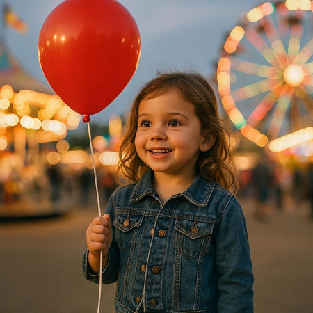 Little girl with a red balloon on the background of the amusement park