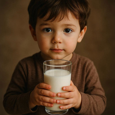 Cute little boy with glass of milk on brown background, close upの写真素材