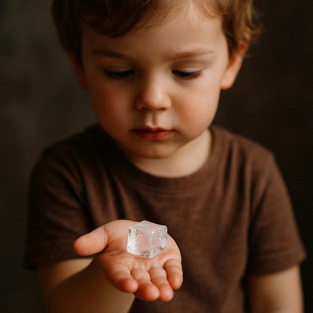 Little boy holding a crystal in his hands. Close-up.の写真素材