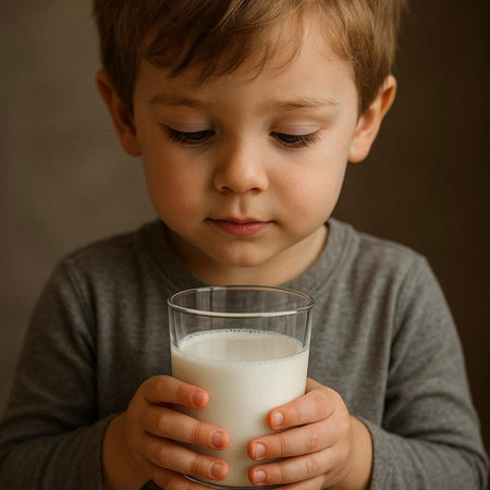 Cute little boy holding a glass of milk, close-upの写真素材