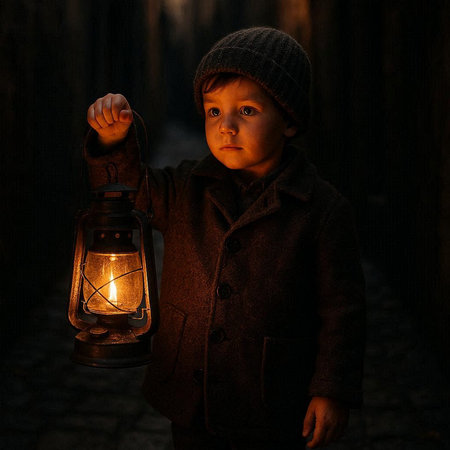 Little boy with a lantern in the dark forest. The boy looks at the cameraの写真素材