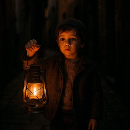 Cute little boy with a lantern in the dark at night.の写真素材
