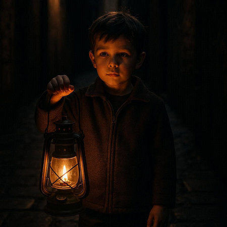 A boy with a lantern in his hands stands on the street.の写真素材