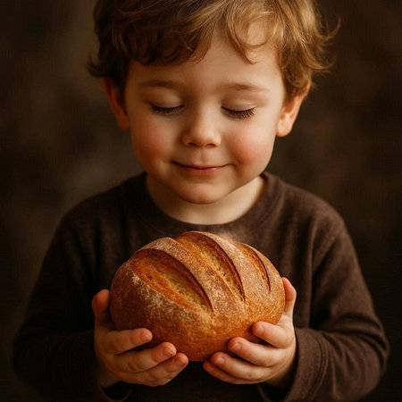 Little boy holding a loaf of bread in his hands. Dark background.の写真素材