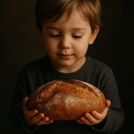 Little boy holding a freshly baked loaf of bread on a dark background