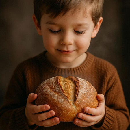 Little boy holding a loaf of bread in his hands, dark backgroundの写真素材