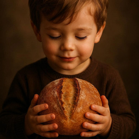 Little boy with a bread in his hands on a dark background.