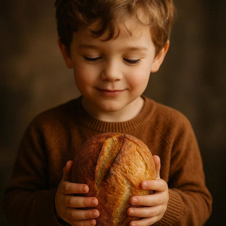 Little boy holding a loaf of bread in his hands, dark backgroundの写真素材