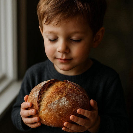 Little boy with a loaf of bread in his hands. Selective focus.の写真素材