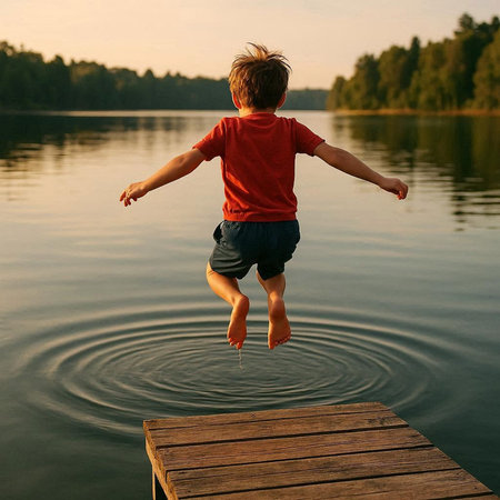 A boy jumps into the water at sunset. The boy is jumping into the water.の写真素材