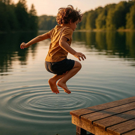 Boy jumping into the water on a wooden pier in the lake.の写真素材
