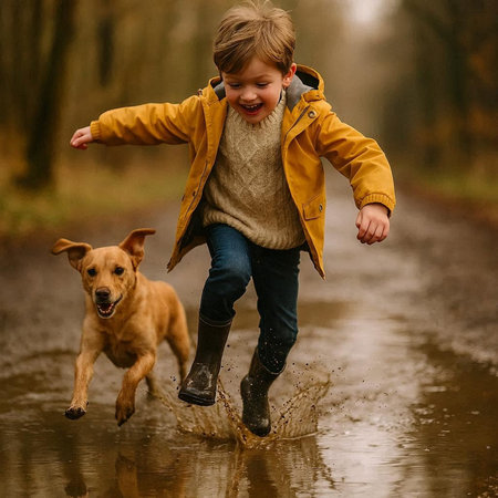 Little boy playing with a dog in the park on a rainy dayの写真素材