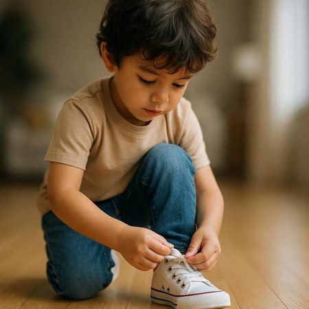 Cute little boy tying shoelaces on sneakers at home.の写真素材