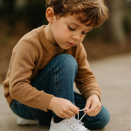 Cute little boy tying shoelaces on sneakers outdoors. Child tying shoelaces.の写真素材