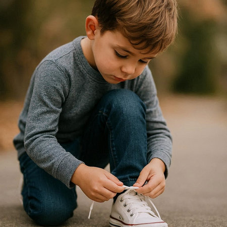 Little boy tying shoelaces on sneakers. Child tying shoelaces.の写真素材