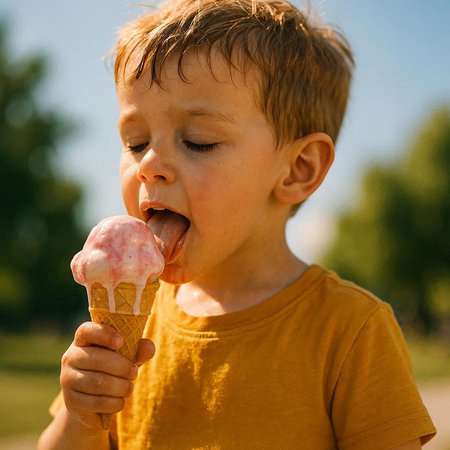 Cute little boy eating ice cream in summer park. Outdoor portrait