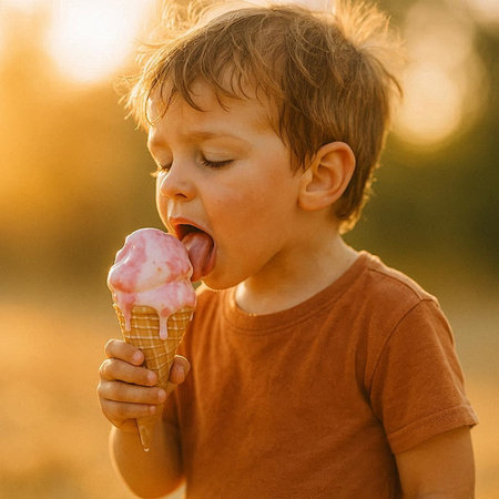 Cute little boy eating ice cream in the field at sunset.の写真素材
