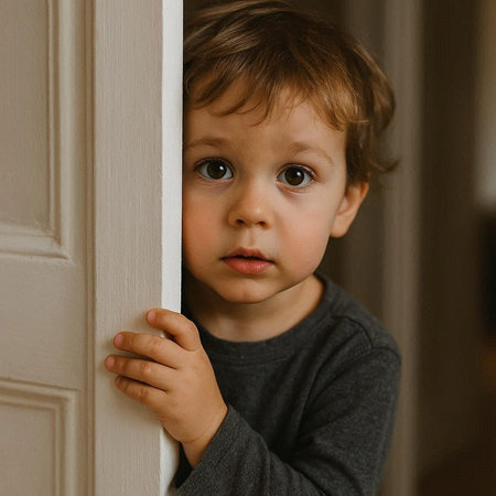 Portrait of a cute little boy standing in front of a door