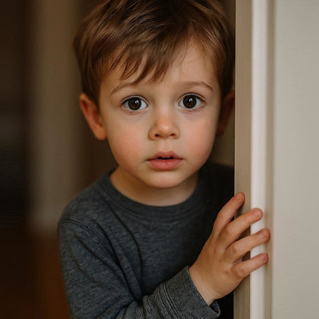 Cute little boy looking out from behind the door at home.の写真素材