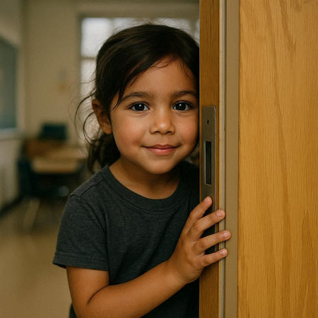 Portrait of a cute little girl peeking out of the door