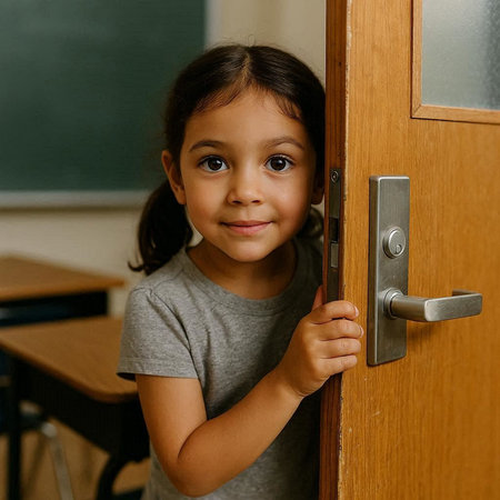 Portrait of a cute little girl looking at camera while standing in front of a school door